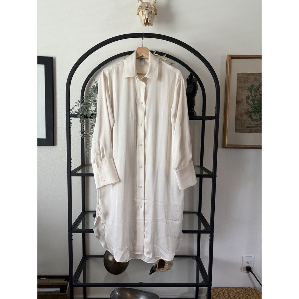 H&M Womens Satin Shirt Dress Cream Button Front Long Sleeve Size Small - Picture 2 of 4